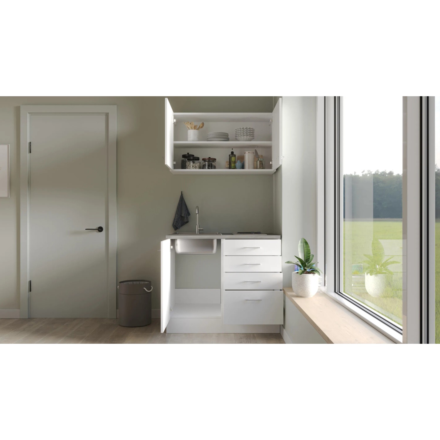 Flex-Well Miniküche Lucca, 100 cm, Weiß matt/Caledonia, mit Spüle und Kochfeld.