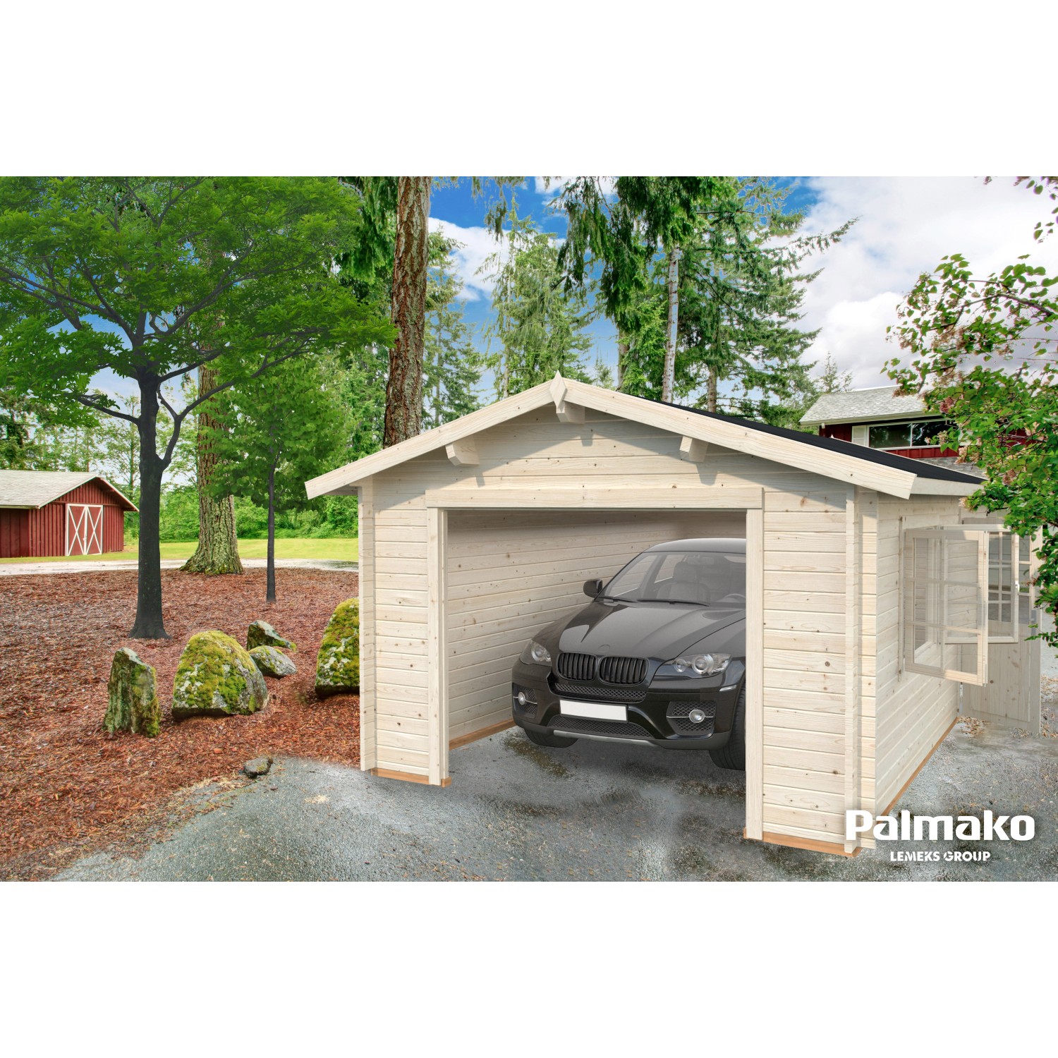 Palmako Holzgarage Roger, tauchgrundiert, mit Auto. Fertiggarage mit Fenster und Tür.