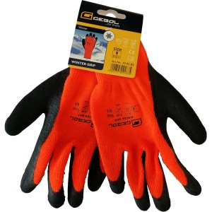 Gebol Winter Grip Arbeitshandschuhe, Größe 9, orange mit schwarzer Latex-Beschichtung.