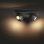 Schwarzer Philips Hue LED-Spot mit 4 Leuchten, warmweiß bis kühlweiß, inkl. Dimmer.