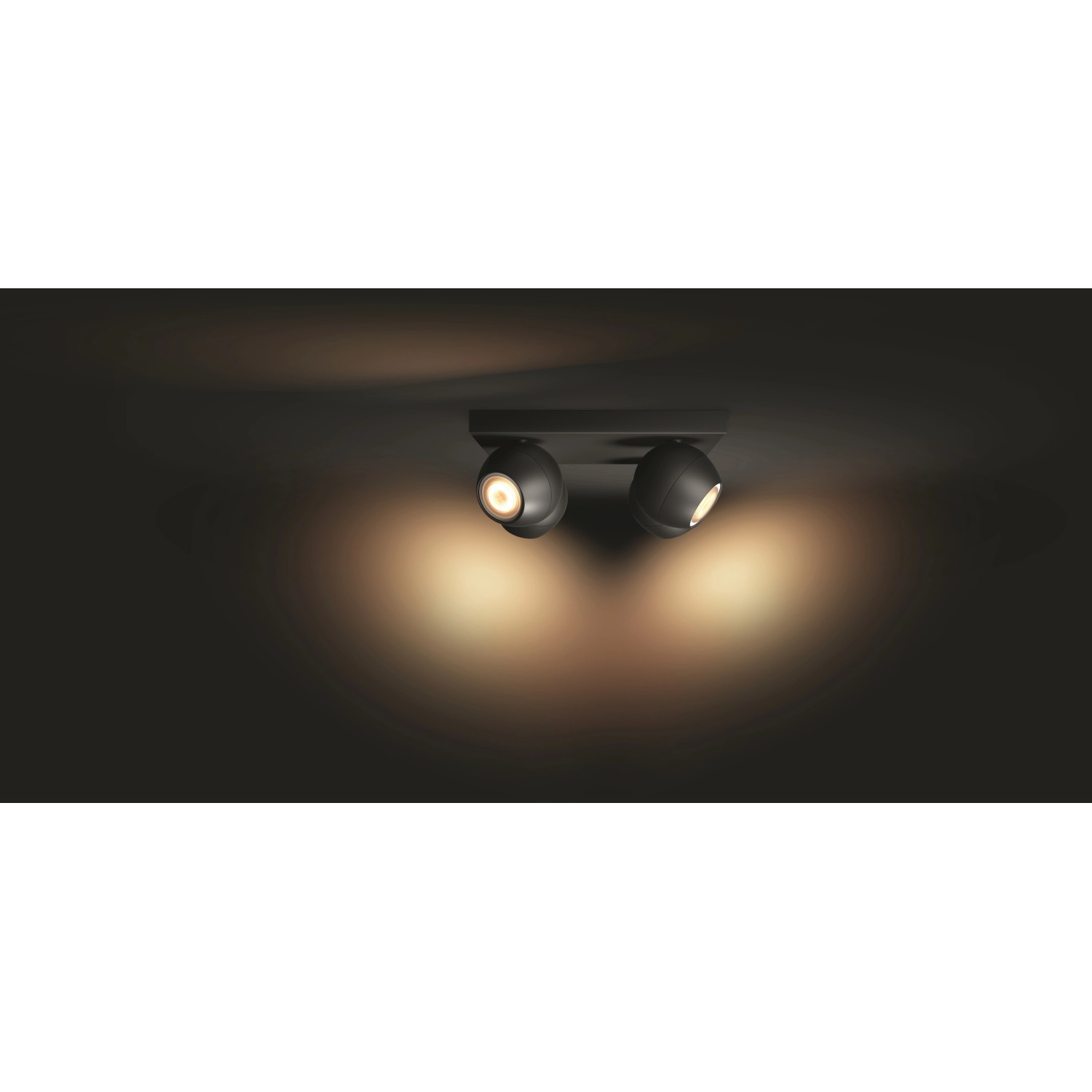 Schwarzer Philips Hue LED-Spot mit 4 Leuchten, warmweiß bis kühlweiß, inkl. Dimmer.