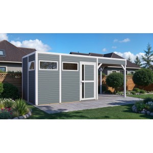 Modernes, hellgraues Bertilo Holz-Gartenhaus Cubus 3 Lounge mit Überdachung und weißen Akzenten.