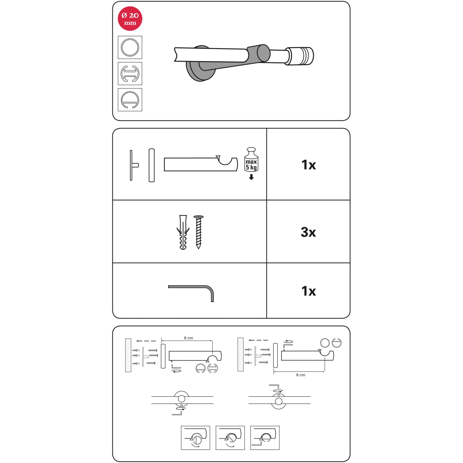 Gardinia Träger Chicago offen, schwarz-matt, für 20 mm Stangen, Montageanleitung.