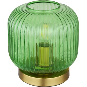 Globo Tischlampe Normy: Grüne Design-Tischleuchte mit geriffeltem Glasschirm und goldenem Sockel.