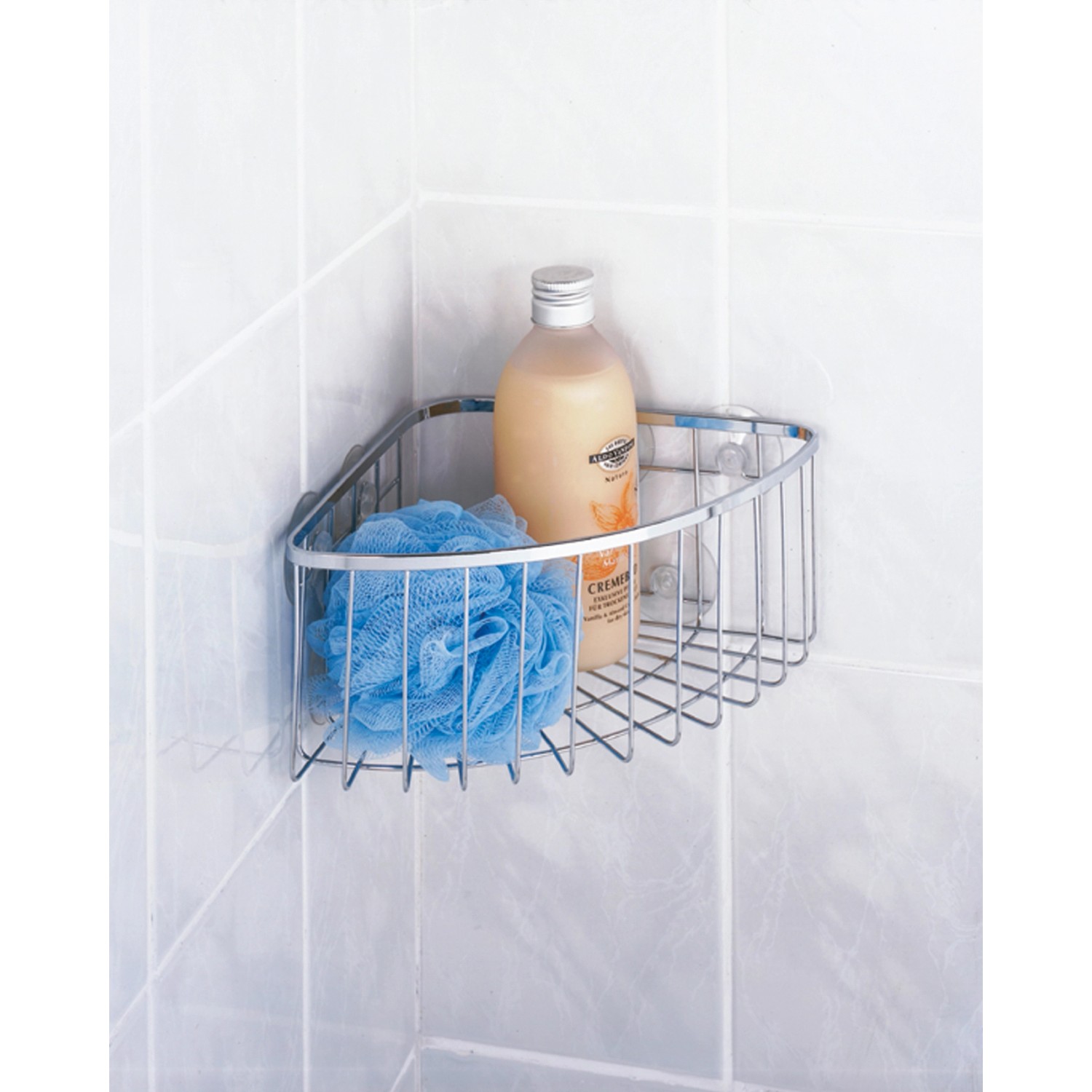 Wenko Eckablage Ragusa, großer Drahtkorb aus Edelstahl mit Saugnäpfen im Bad.