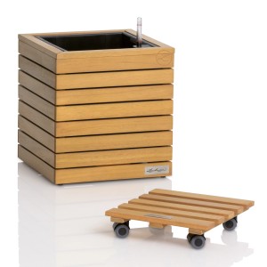 Lechuza Square Pflanzkübel mit Rolluntersetzer aus Eukalyptusholz FSC® für flexible Pflanzenplatzierung.