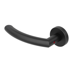 Schwarze Novadoors Nova Amico Smart2Lock Türgriffgarnitur links mit runder Rosette und roter Anzeige für Innentüren.