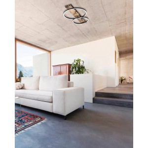 Moderne LED Deckenleuchte Boyal in Schwarz-Braun mit rustikalem Holzdesign. Ideal für Wohnräume.