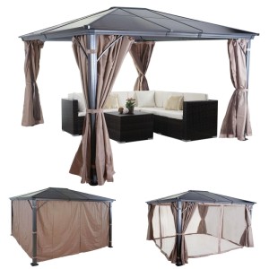 MCW Hardtop Pergola 3x3,6m mit Kunststoffdach, Seitenwand und Moskitonetz aus Aluminium.