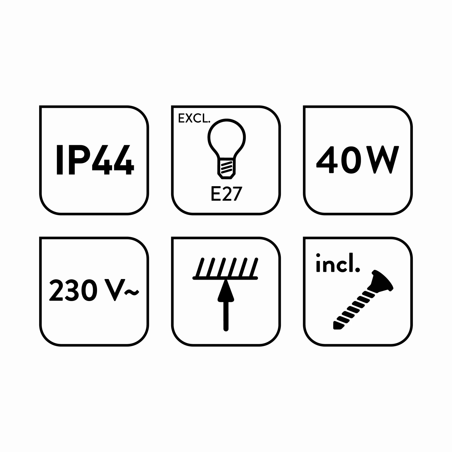 Piktogramme der baliv Moss Green Pendelleuchte: IP44, E27, 40W, 230V, Traglast, inkl. Schraube.
