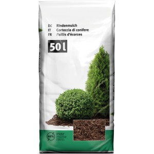 Sack Rindenmulch (50 l) mit Abbildung von Pflanzen und Mulch.