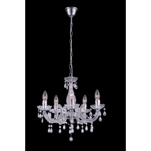 Globo Kronleuchter Cuimbra II mit Chrom-Gestell und klaren Acrylglas-Behängen für 5 Leuchtmittel.