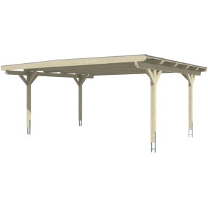 Skan Holz Carport Odenwald, Eiche hell, Doppelcarport mit Doppelstegplatten und vier Pfosten.