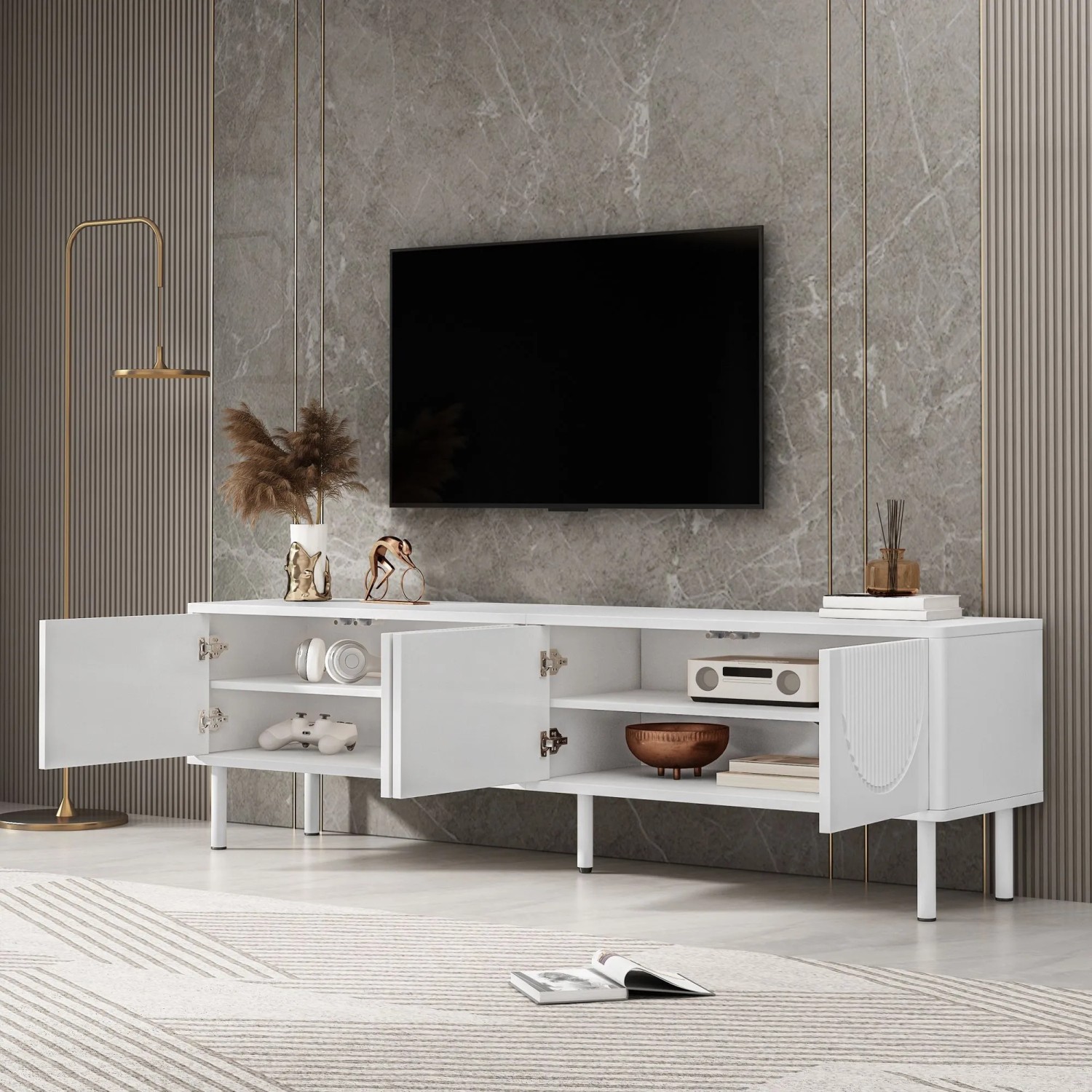 okwish TV Schrank mit Stauraum Kabelmanagement Minimalistisch 180x40x52cm Weiß_2
