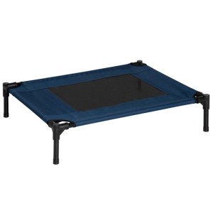 Blaues erhöhtes PawHut Hundebett mit schwarzer Liegefläche und stabilem Gestell für Outdoor & Reisen.