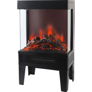 Schwarzer Elektrokamin Booley Glow mit 3-seitigem Panorama-Sichtfenster, glühenden Holzscheiten und Flammen. Freistehendes Design.