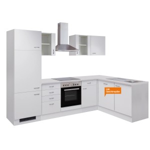 Weiße Flex-Well Winkelküche Wito 280 cm mit E-Geräten und Spüle.