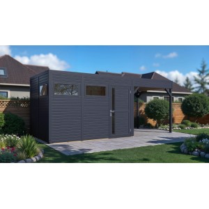 Modernes Bertilo Holz-Gartenhaus Cubus 3 Lounge in Anthrazit mit Überdachung und Fenstern.