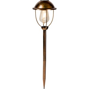 Runde LED-Solar-Wegeleuchte im Vintage-Look mit Erdspieß, Kupferfarben, ca. 59 cm hoch.