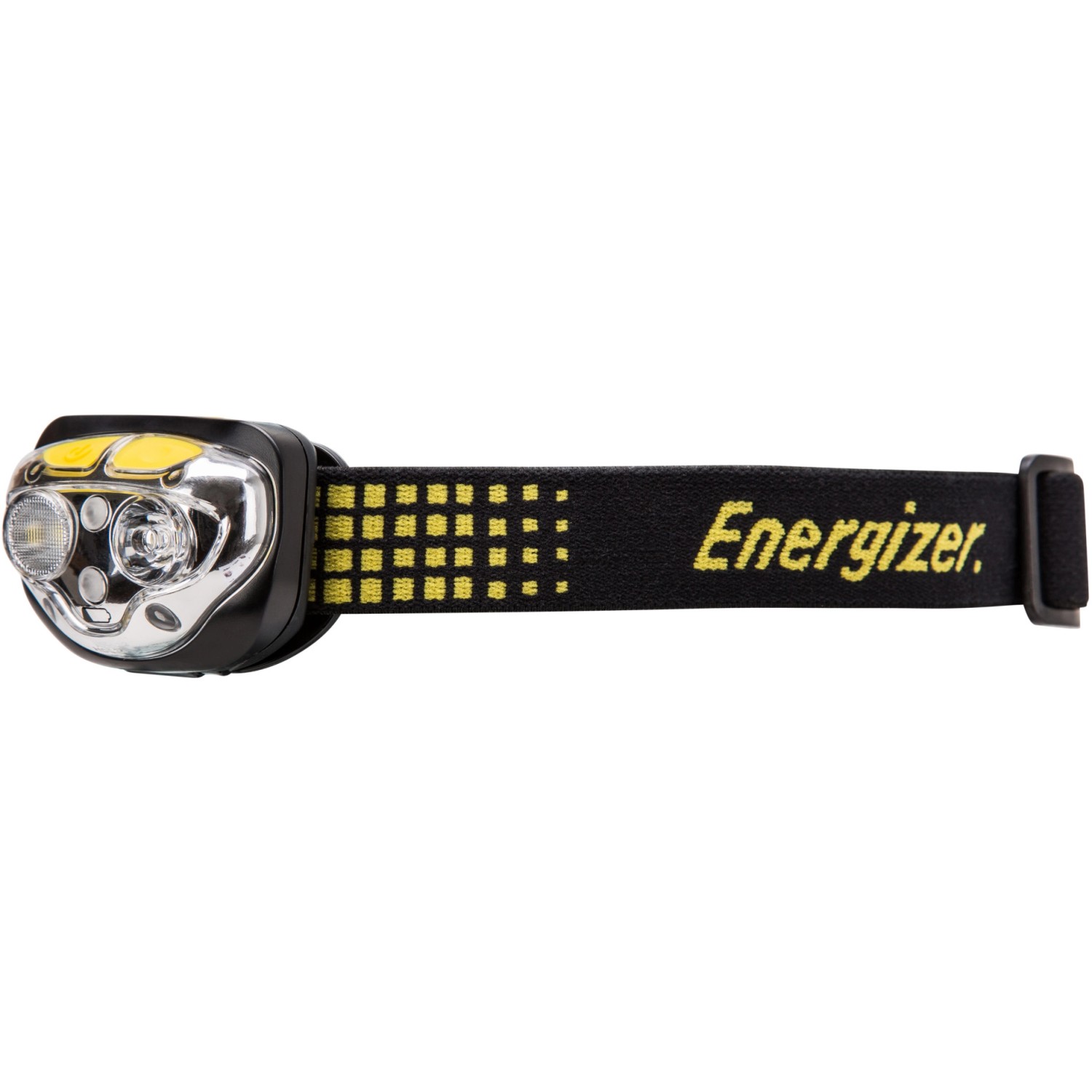Energizer Vision Ultra Kopflampe mit 3xAAA Batterien, schwarzes Stirnband mit gelbem Muster.