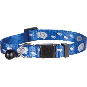 Blaues, reflektierendes Trixie Katzenhalsband aus Nylon mit Glöckchen und Katzenmotiven.