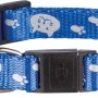 Blaues, reflektierendes Trixie Katzenhalsband aus Nylon mit Glöckchen und Katzenmotiven.