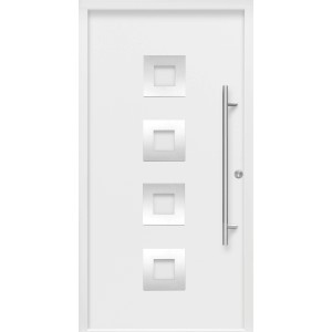 Weiße Haustür Thermospace Wien Prime mit Edelstahlgriff und vier quadratischen Designelementen.