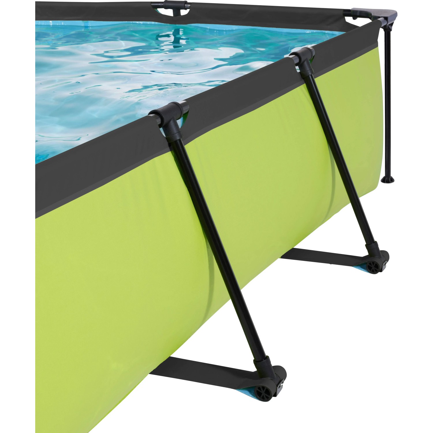 Detailansicht des grünen EXIT Lime Pool 300x200 mit Stahlrahmen und Abdeckung.