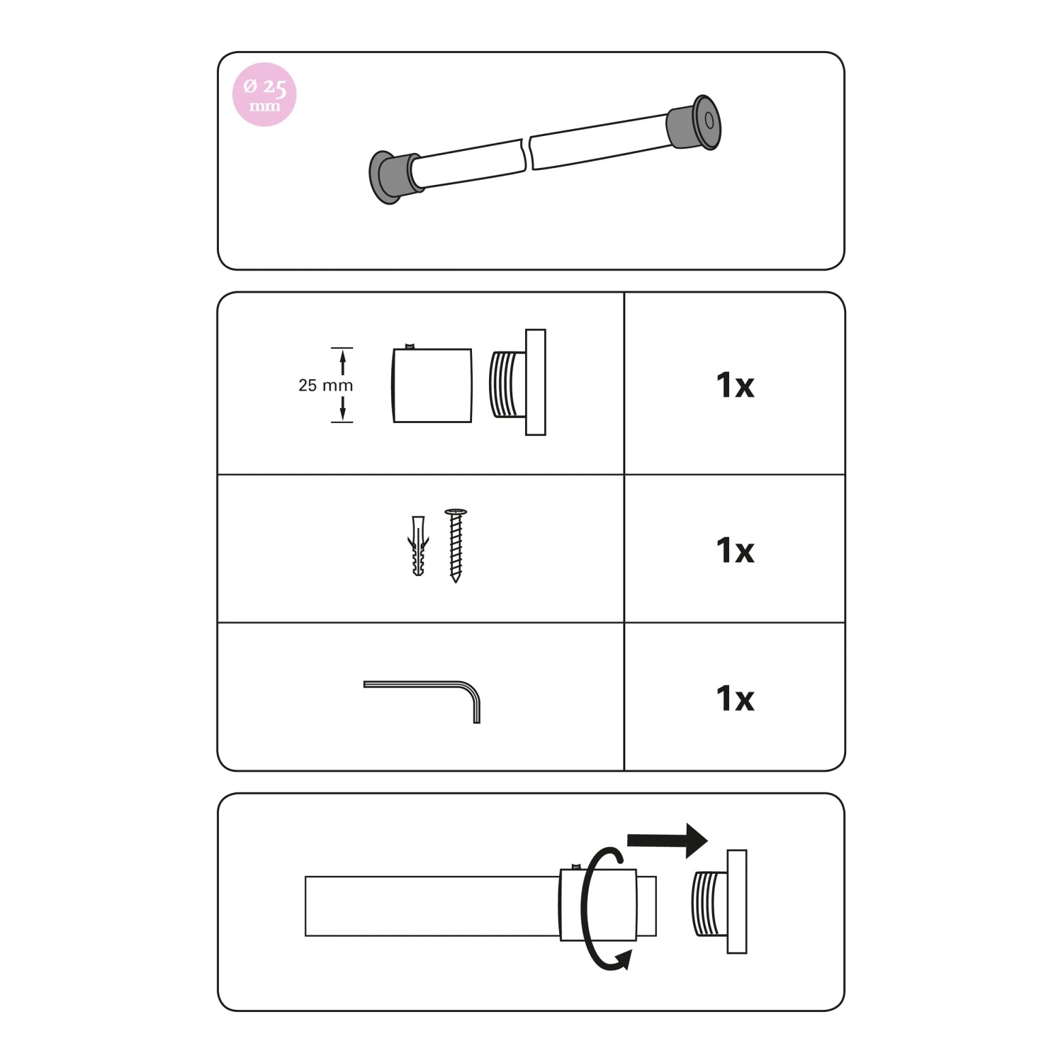 Skizze: Gardinia Wandlager Windsor für Ø 25 mm Stange, Edelstahloptik, inkl. Zubehör.
