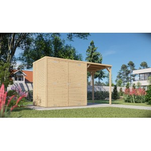 Bertilo Holz-Gartenhaus Box 2 Plus mit Anbau, naturbelassenes Weekendhaus aus FSC®-zertifiziertem Holz.