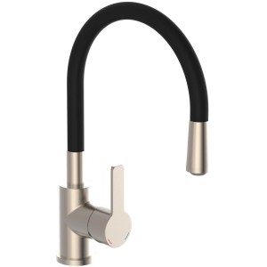 Eisl Spültischarmatur in Edelstahloptik mit schwarzem, flexiblem Auslauf.
