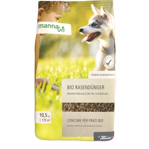 Packung Manna Bio Rasendünger 10.5kg mit Kind und Hund im Gras.