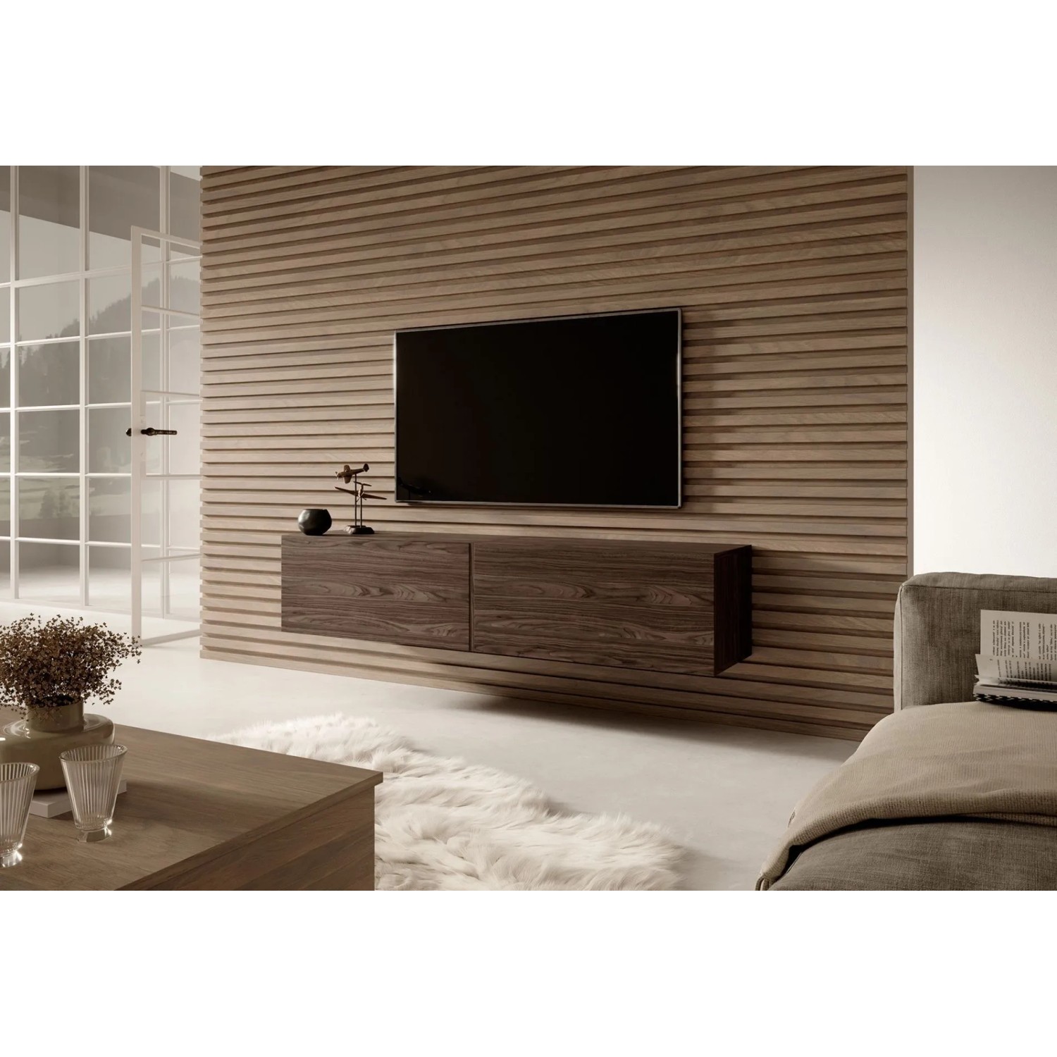 Selsey TV-Hängeboard Bisira 140 cm in Nussbaum Holzoptik, wandhängend, mit 2 grifflosen Türen im modernen Wohnzimmer.