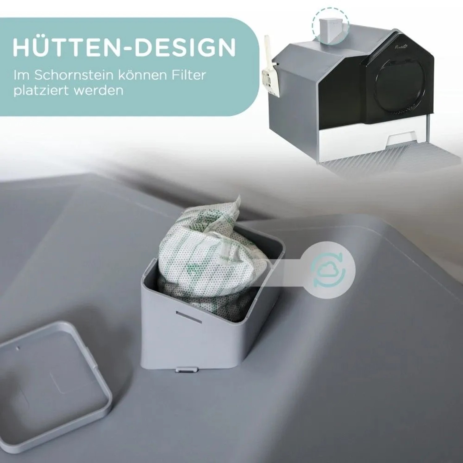 PawHut Katzentoilette Hütten-Design, grau, mit Schaufel. Filter für Geruchsreduzierung im Schornstein.