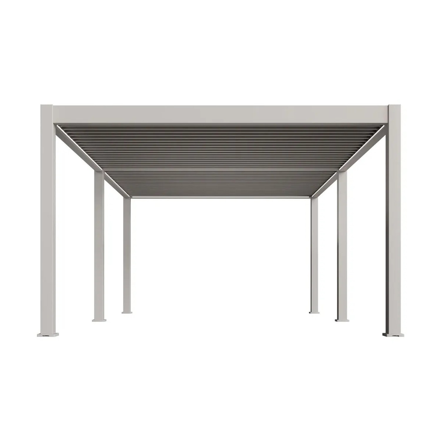 Helle Aluminium-Pergola mit elektrischem Lamellendach, 4x8m, für Terrassenüberdachung & Sonnenschutz.