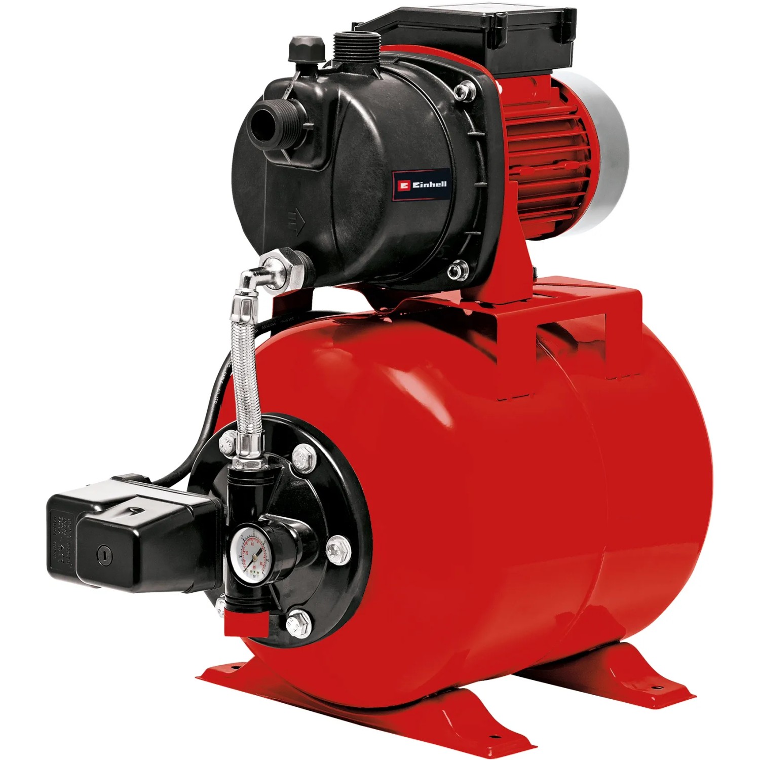 Einhell Hauswasserwerk GC-WW 6538 Set: Rote Pumpe mit schwarzem Pumpenkopf und Manometer.