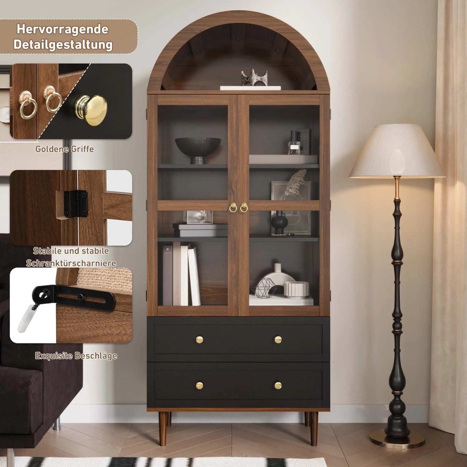 okwish Kommode mit Gewölbtem Glas Verstellbaren Regalen Wohnzimmer 70x38x165cm Schwarz_10