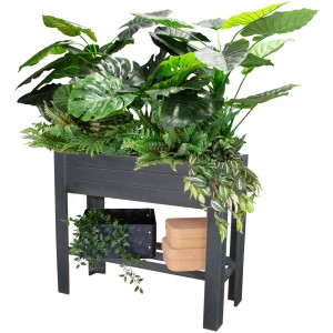 Anthrazitfarbenes Wagner Holz-Hochbeet Green Box Light aus Pappelholz mit Bepflanzung und Ablage.