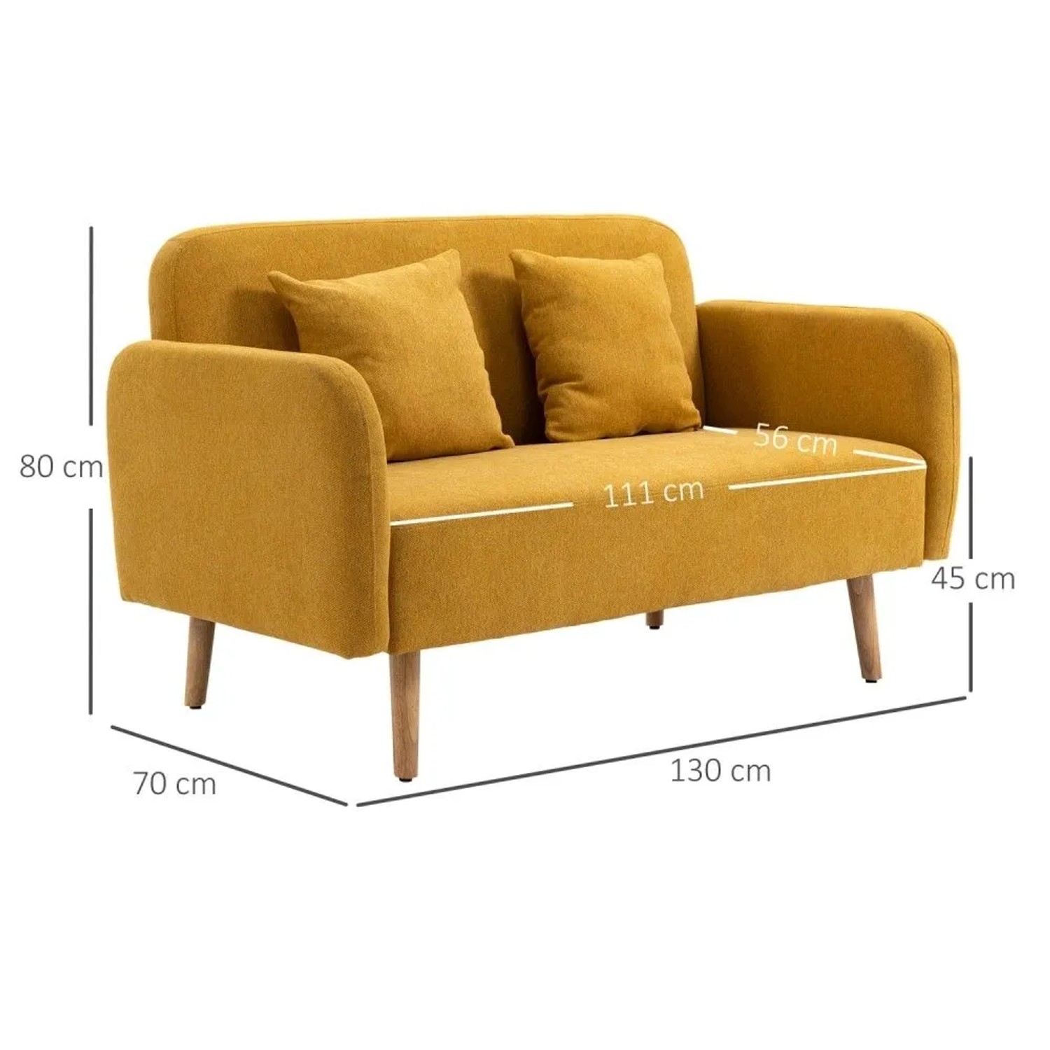 Modernes HOMCOM 2-Sitzer Sofa in Gelb mit zwei Wurfkissen und Holzfüßen. Maße: 130x70x80 cm.