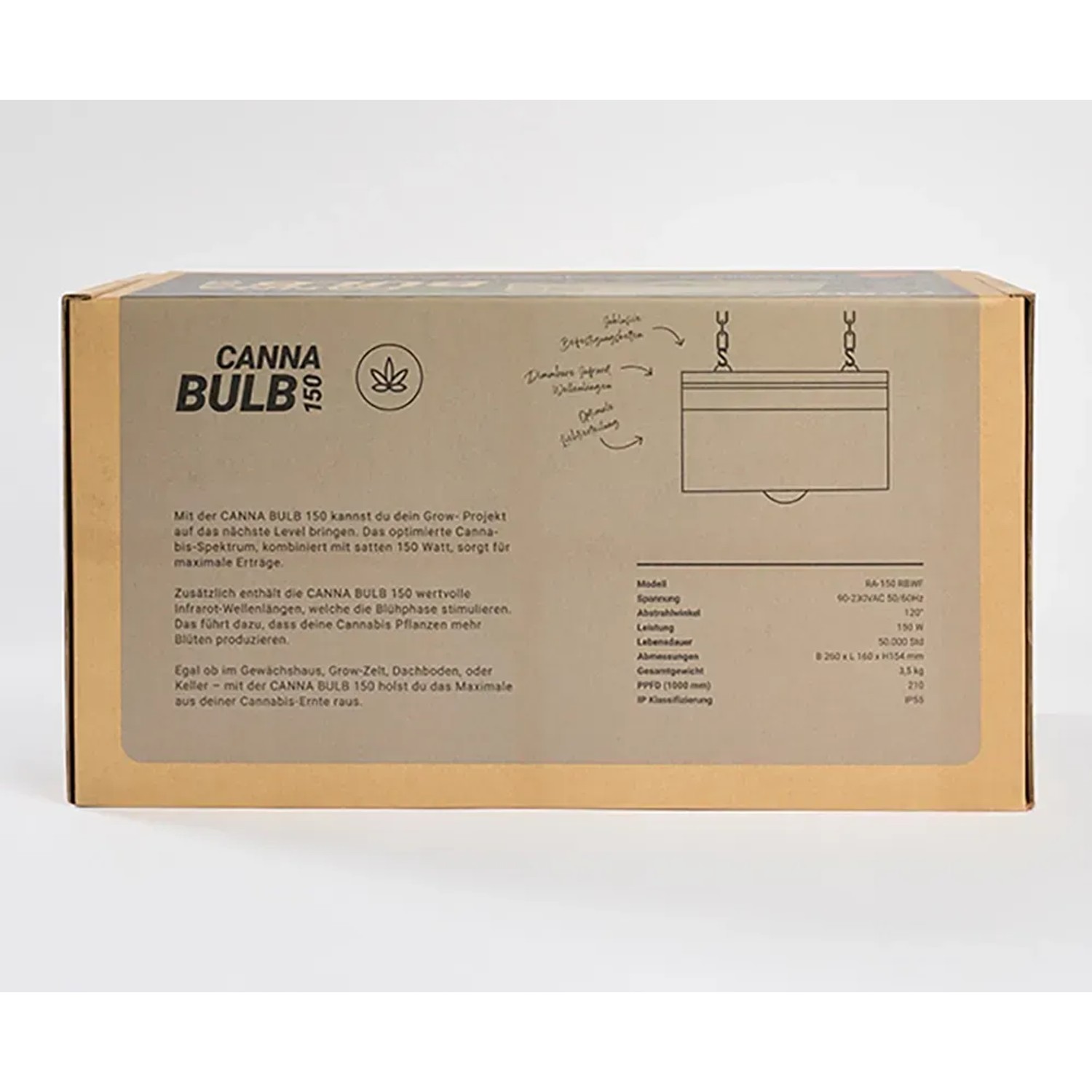 Verpackung der Parus by Venso LED-Pflanzenlampe Canna Bulb 150 für Pflanzenanzucht.