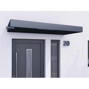 Modernes Gutta Rechteckvordach BS PLUS in Anthrazit, 200x90 cm mit Wasserspeier links.