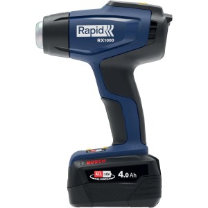 Rapid Akku-Heißluftpistole RX1000 18V mit Akku und Ladegerät. Heißluftgerät in blau/schwarz.