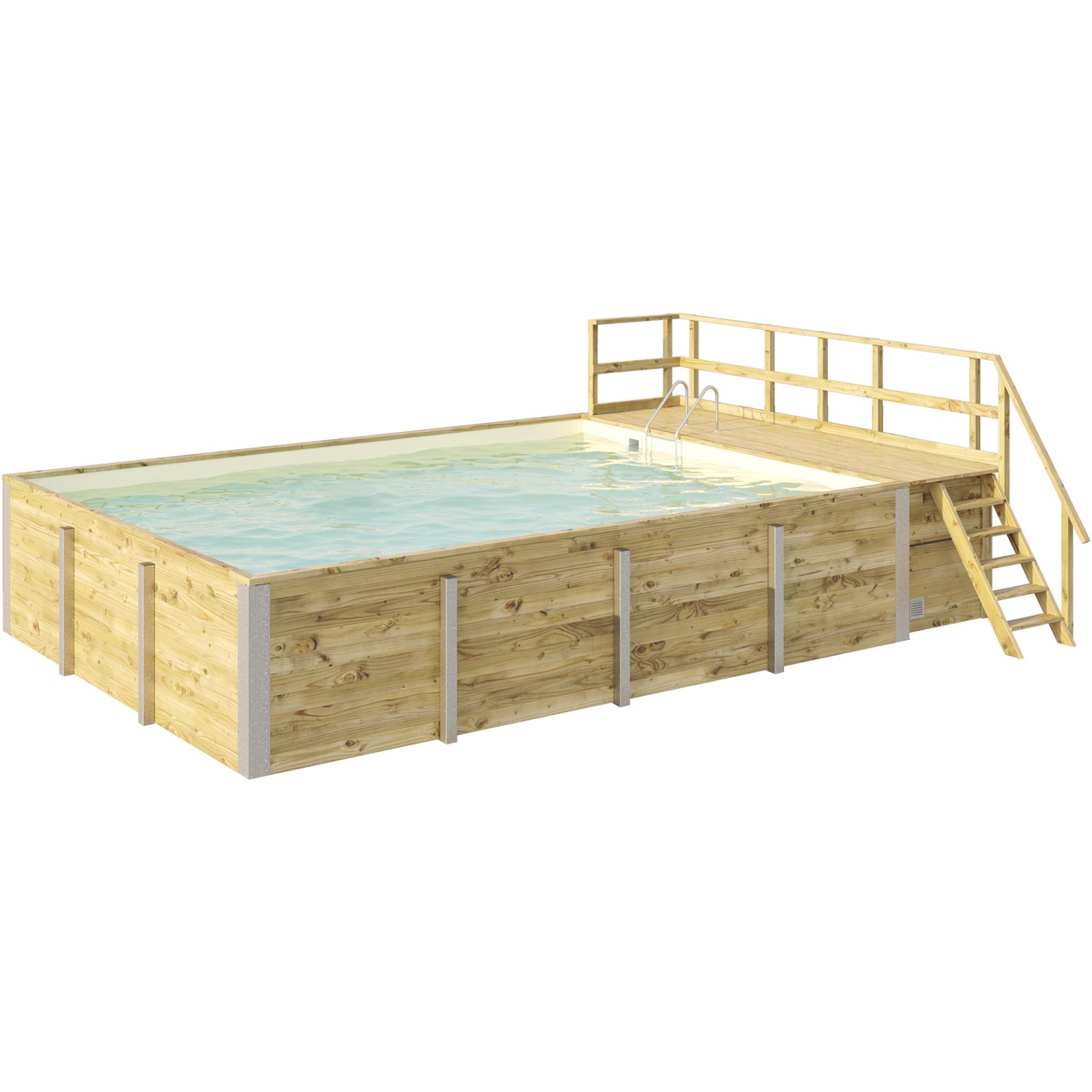 Weka Holzpool mit Sonnendeck, Leiter und Sandfilteranlage. Rechteckiger Pool aus kesseldruckimprägniertem Holz.