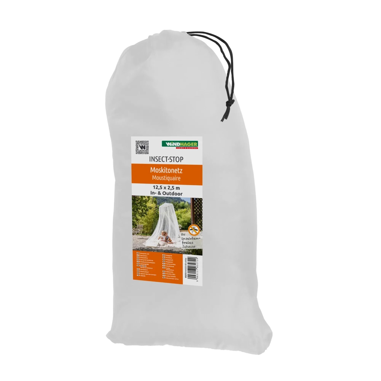 Verpacktes Moskitonetz, 2,50 x 12,5 m, weiß, für In- und Outdoor, im Nylonsack.