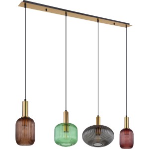 Globo Pendelleuchte Normy, 4-flammig mit farbigen Glasschirmen in Rauchgrau, Grün, Coffee und Brombeere.