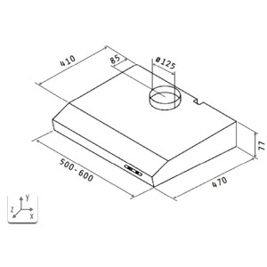 Technische Zeichnung Respekta Dunstabzugshaube DH620WL, 60 cm, weiß, mit Maßangaben.