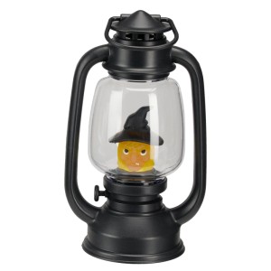 Schwarze Halloween-Laterne mit LED-Licht und Sound, 17,8 cm hoch, zeigt eine gruselige Hexe im Inneren. Ideal für Deko.