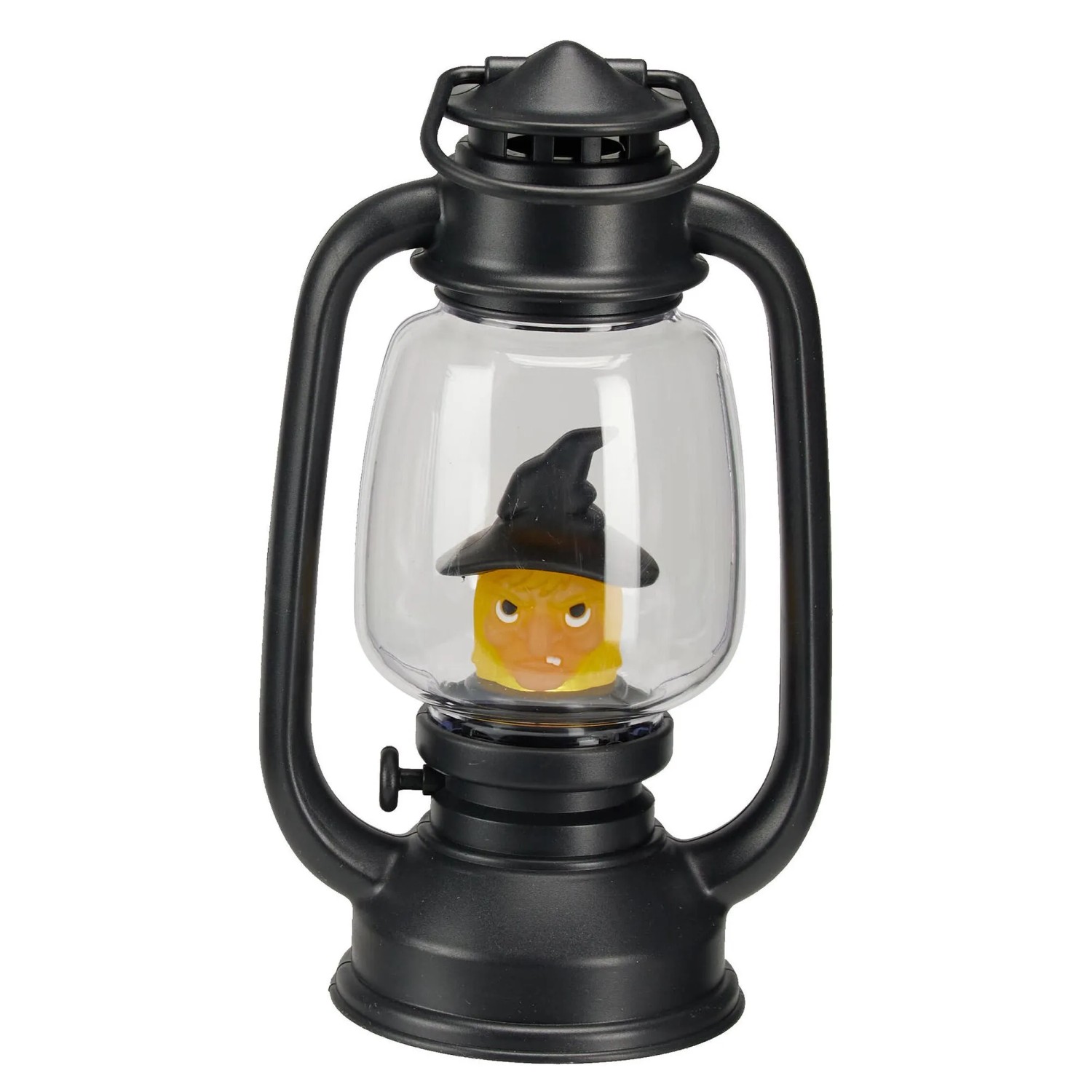 Schwarze Halloween-Laterne mit LED-Licht und Sound, 17,8 cm hoch, zeigt eine gruselige Hexe im Inneren. Ideal für Deko.