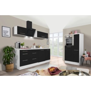 Respekta Premium Küchenzeile 310 cm in Schwarz Hochglanz/Weiß mit E-Geräten.