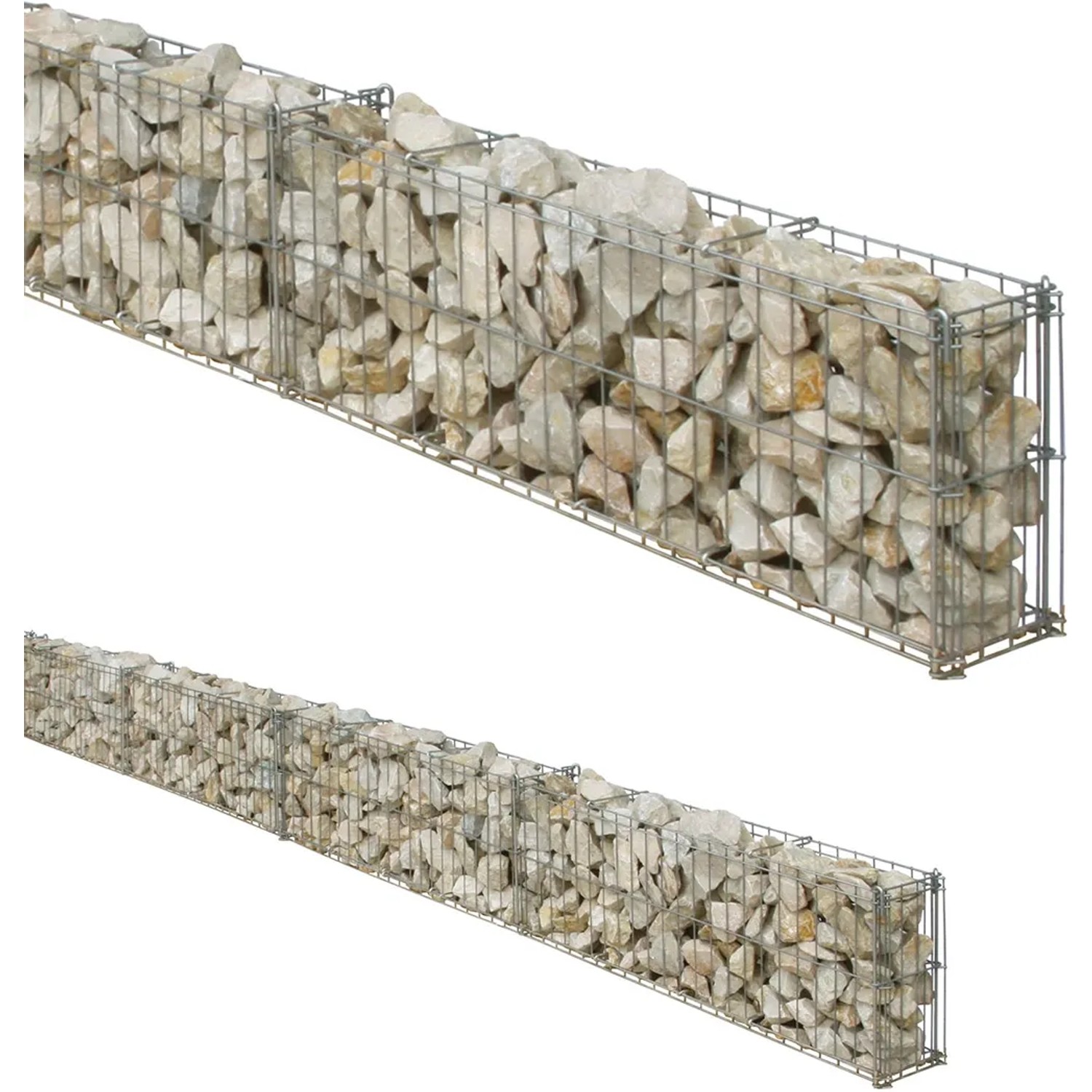 Gabionen Mauergitter Set, verzinkt, 464x20x10 cm, inkl. Bodenanker, gefüllt mit hellen Steinen.